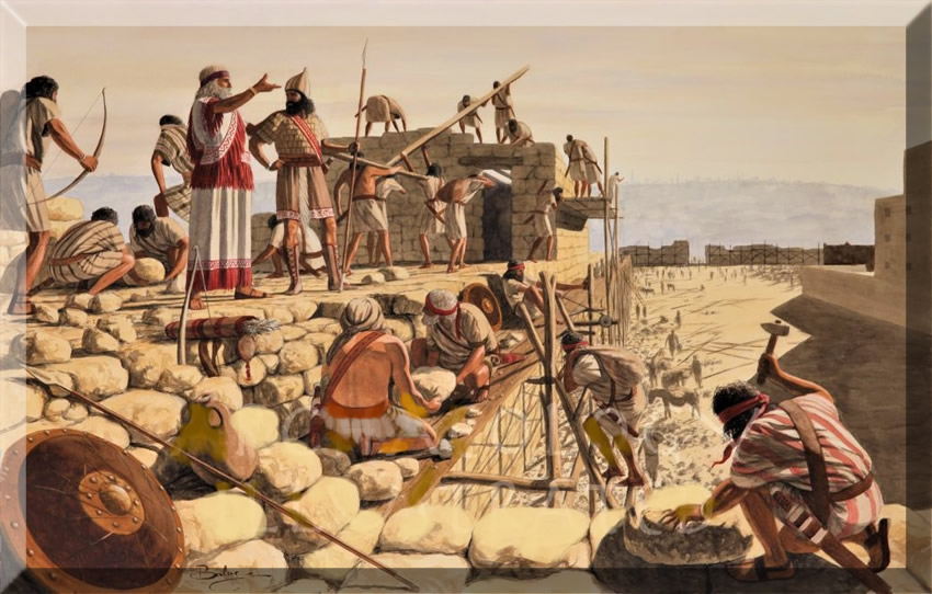 Nehemiah directing the building of the walls of Jerusalem