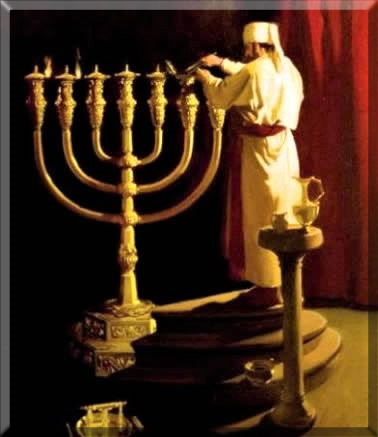 Priest lighting the Menorah in the Temple