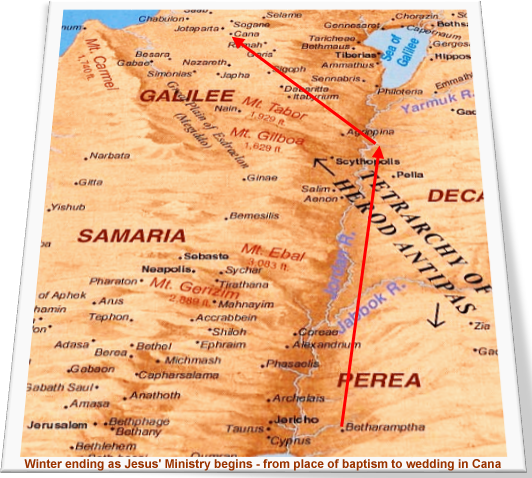 Map of journey from John's baptism to the wedding in Cana